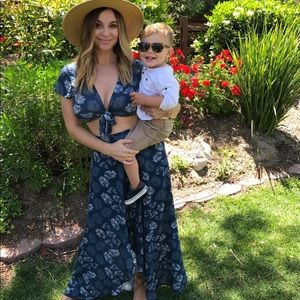 2 piece blue crop top skirt set